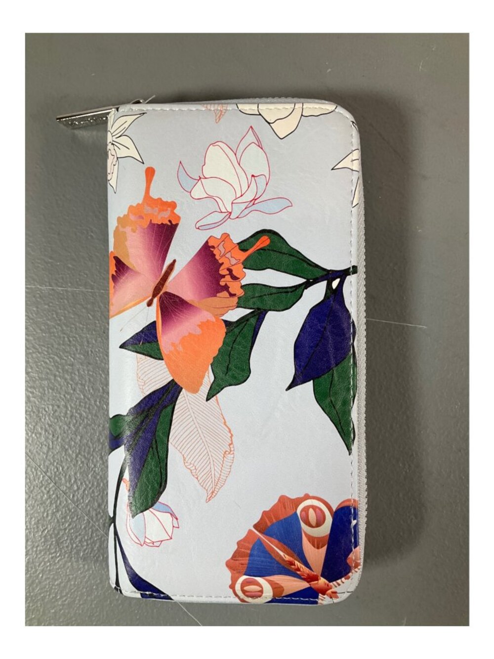 ahdorned RFID-Protected Wallet in Blue, Orange, White with Butterfly Floral Desi